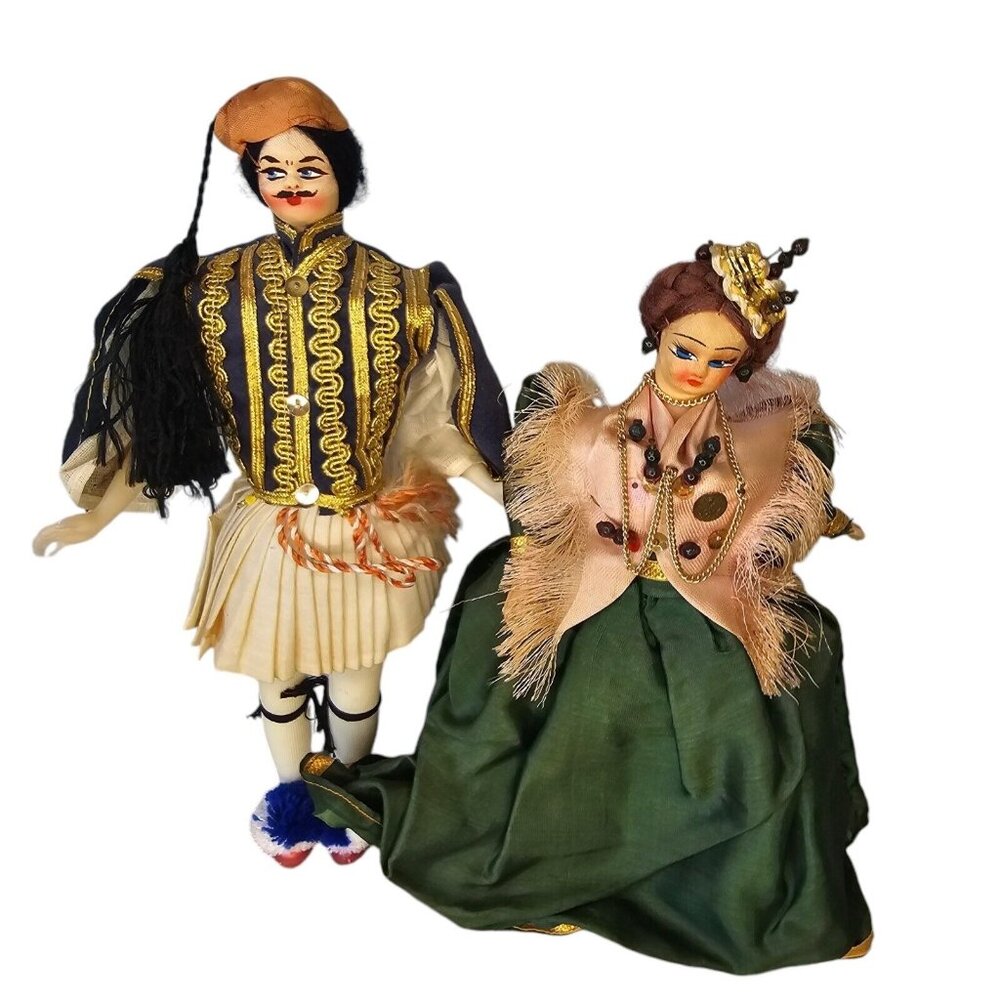Vintage 60s Pair Greek Dolls Traditional Dress Man & Woman 10 Inch Tall Detailed